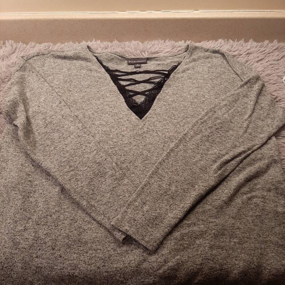 Bold elements gray soft sweater with black lace detail Size Med
